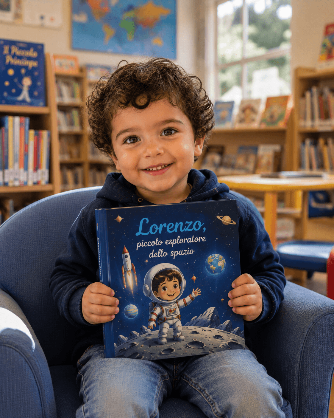 Lorenzo con il suo libro «Lorenzo, piccolo esploratore dello spazio», in biblioteca