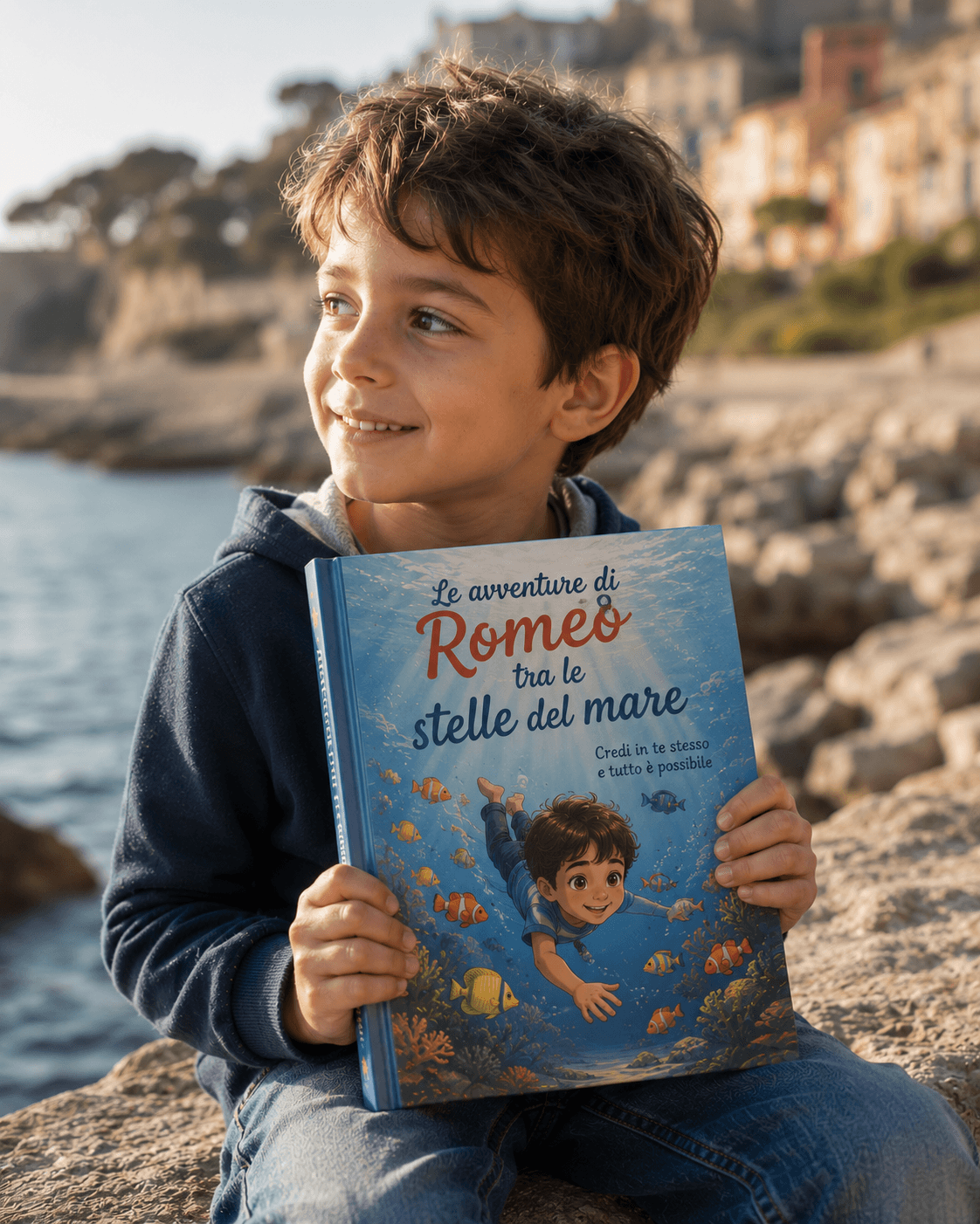 Romeo con il suo libro «Le avventure di Romeo tra le stelle del mare», seduto sugli scogli