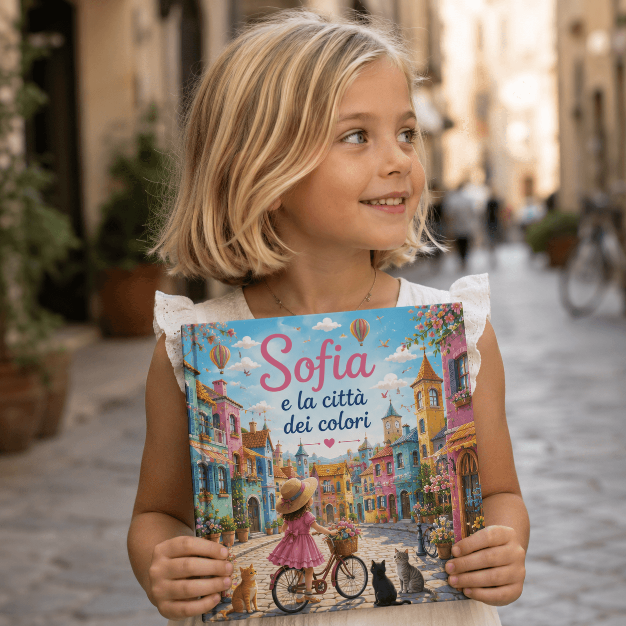 Sofia con il suo libro «Sofia e la città dei colori», in un vicolo di paese